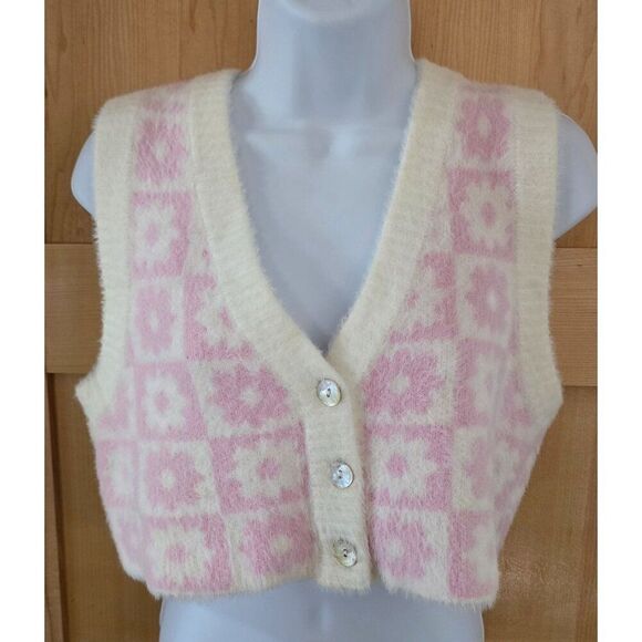 Vintage-Style L.A. Hearts Pink White Floral Knit Cropped Sweater Vest fairycore - Picture 1 of 4